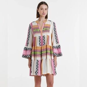 Devotion Twins Ella Embroidered Geometric Print Tiered Long Slv Dress- Pink/ XS
